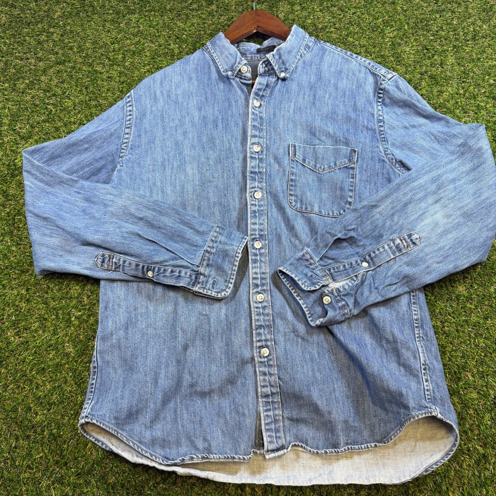 J.Crew Mens Slim Fit Denim Button Down Shirt Blue Medium Wash Large Long Sleeve